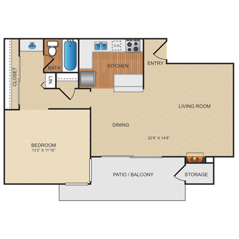 Floor plan for 1 bed, 1 bath, 758 sqft